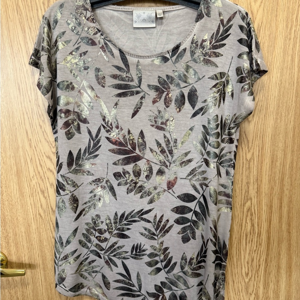 Dantelle Gray Green Leaf Metallic Asymmetrical Blouse